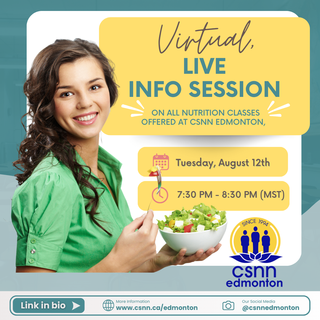live, virtual info session for nutrition courses at CSNN Edmonton with girl eating a salad